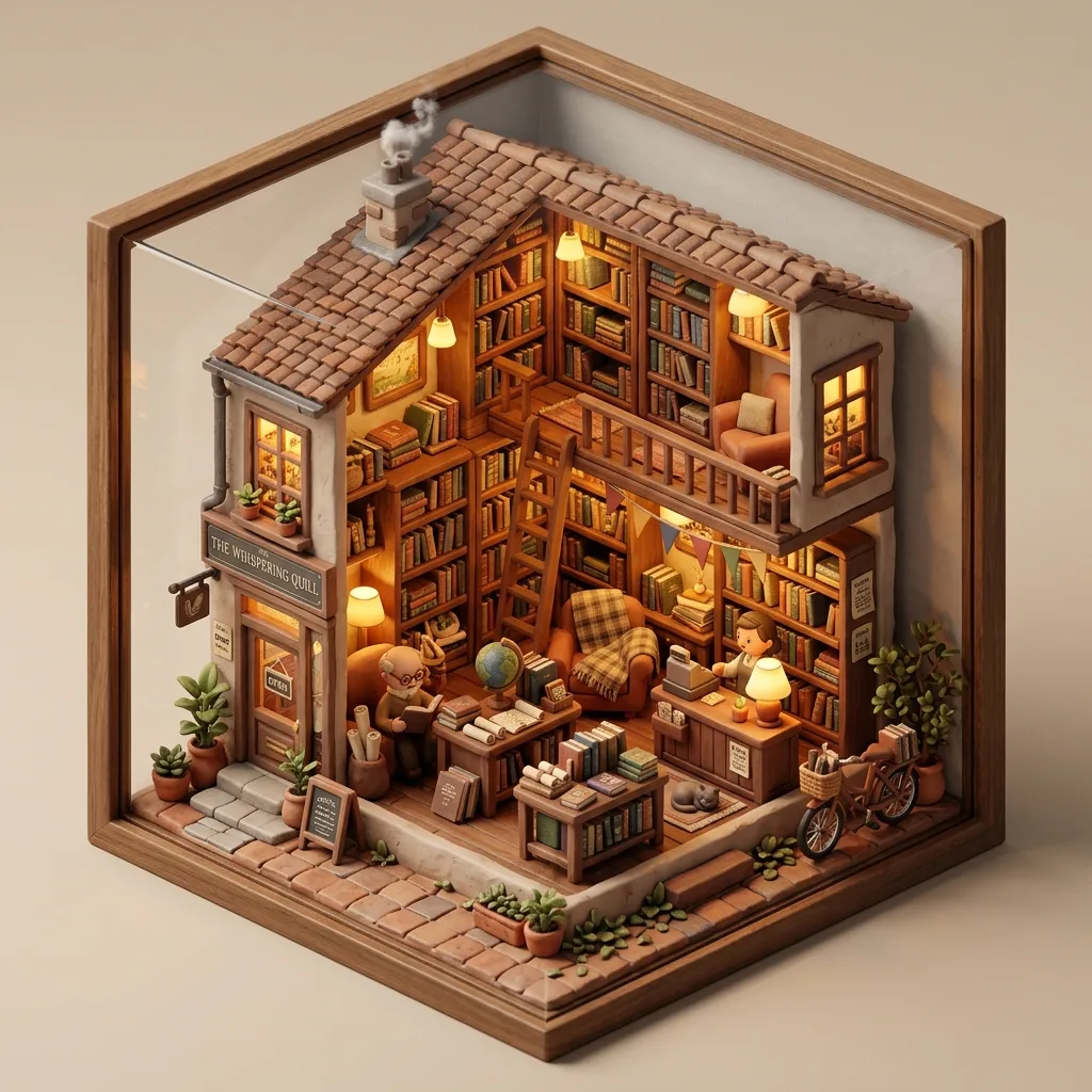 AI-generated isometric 3D render of a cozy bookshop